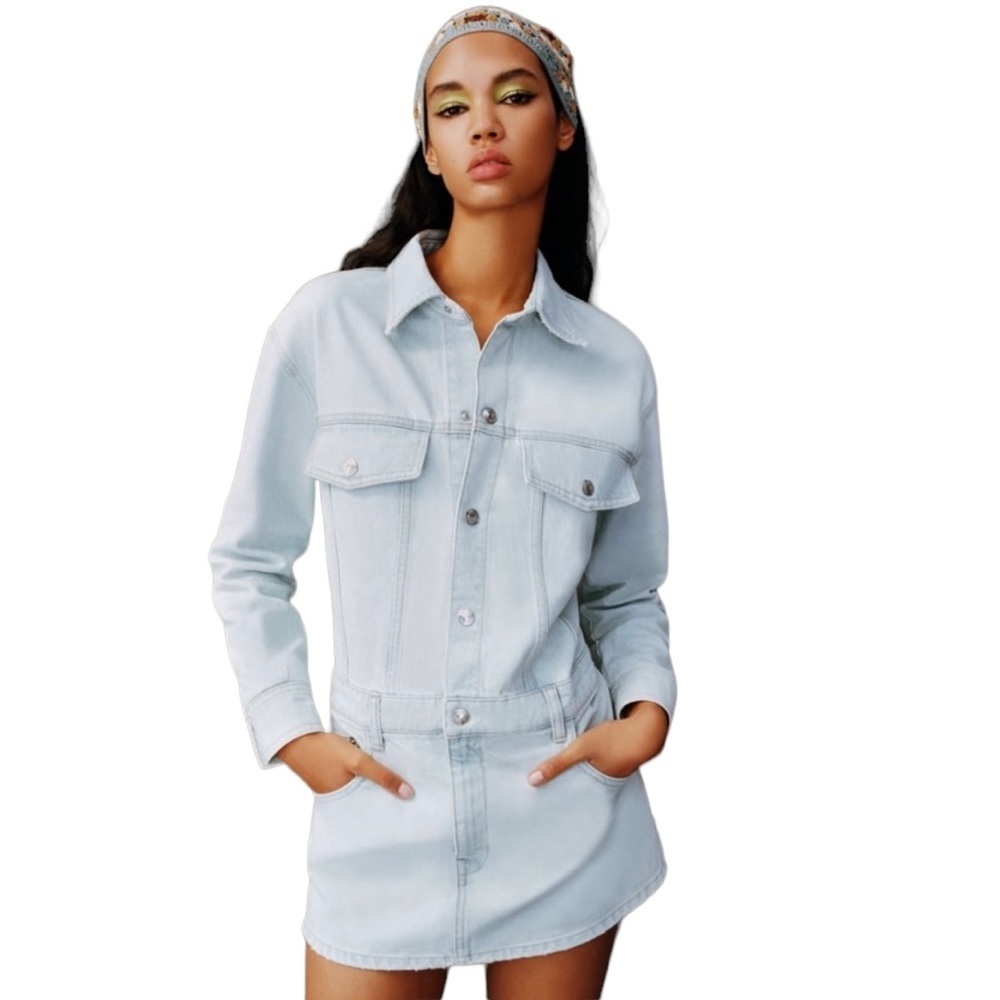 NWT Zara Light Blue Denim Long Sleeve Short Dress Size M